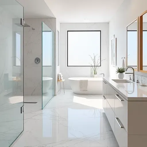 Modern remodeled Alexandria VA bathroom with marble floors, frameless glass shower, soaking tub, dual quartz vanity and natural light