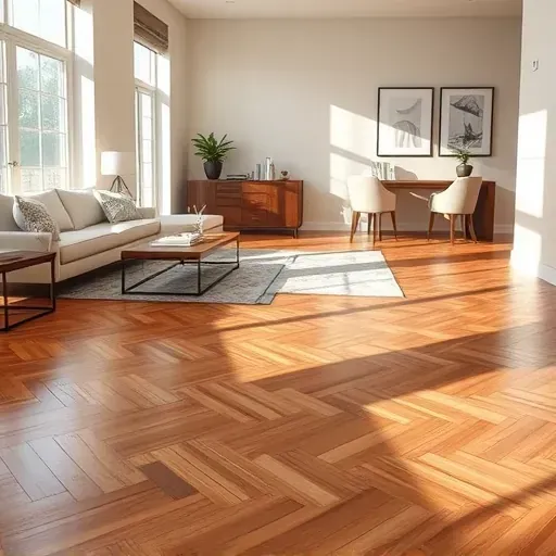 Bowie MD hardwood flooring installation in herringbone pattern, warm tones, modern decor, and inviting atmosphere.