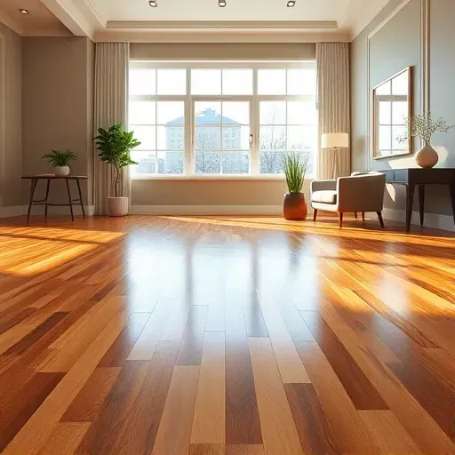 Refinished polished hardwood floor in Alexandria VA with glossy finish, modern interior, natural light and elegant decor