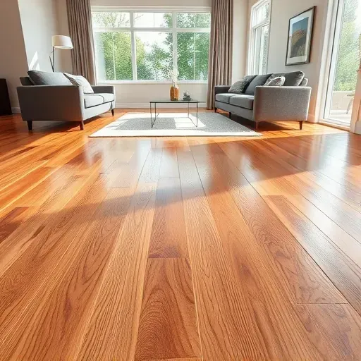 Close-up of polished oak hardwood flooring with natural grain in a modern Alexandria living room featuring minimal furniture and large windows