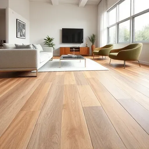 Luxury vinyl plank flooring showcases rich wood grain in a bright modern interior with stylish minimal furnishings.