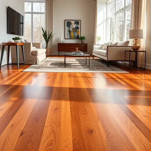 Beautifully polished hardwood flooring in Great Falls VA, featuring rich brown tones and elegant decor in a modern living room.