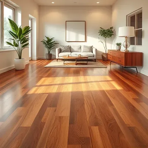Completed hardwood flooring installation in Chantilly VA with rich planks, elegant furnishings, and warm lighting.