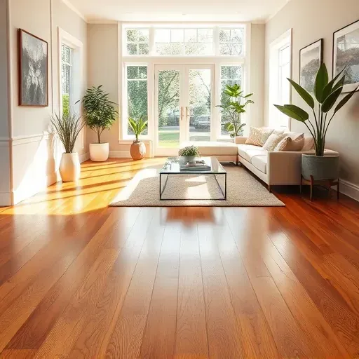 Luxurious wide-plank hardwood floor in Frederick MD with natural light, modern decor, and elegant indoor plants.