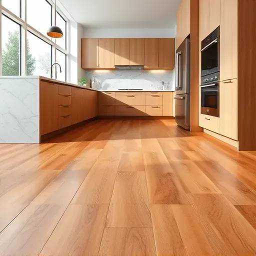 Close-up of flawless brown laminate flooring with detailed wood grain texture in a modern Alexandria kitchen featuring stainless steel appliances and natural light.