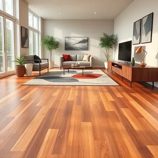 Elegant hardwood flooring in a modern Frederick MD room, featuring stylish decor and warm natural lighting.