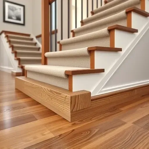 Close-up of a vinyl plank stair nose with realistic wood grain texture in a modern interior staircase in Alexandria VA