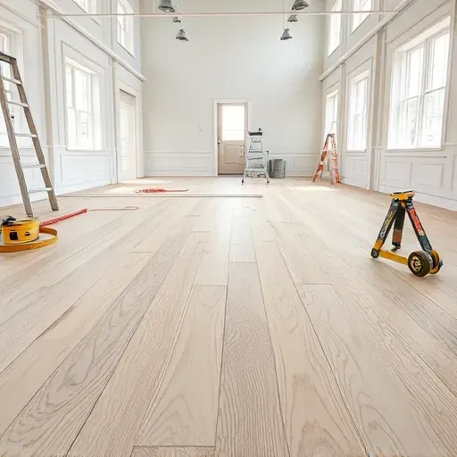 Freshly prepared smooth wooden subfloor with tools in a bright modern interior in Alexandria VA for LVP flooring installation