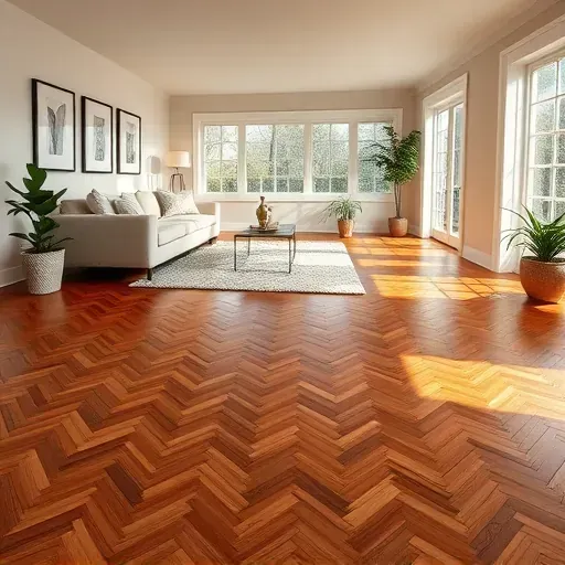 Beautiful hardwood flooring in herringbone pattern complements a modern living room with stylish decor and natural light.