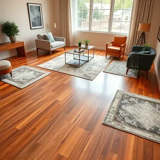 Beautiful wooden flooring installation in Manassas VA with stylish rugs and modern furnishings creating an inviting atmosphere.