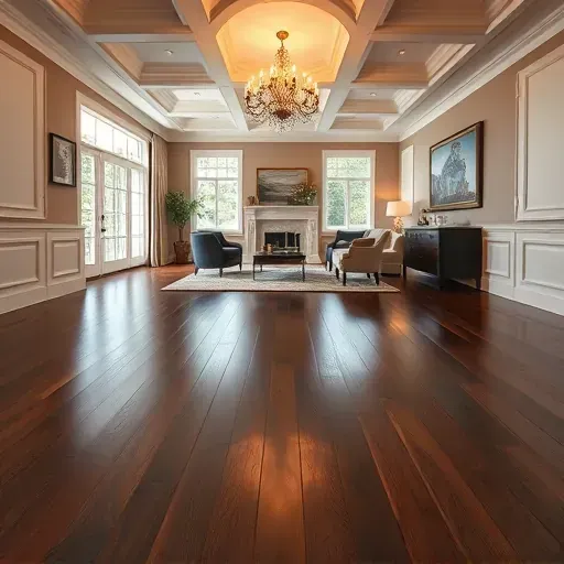 Luxurious living room in McLean VA with rich dark hardwood floors, elegant decor, and warm lighting from a chandelier.