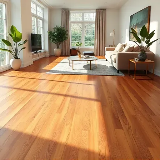 Elegant warm-toned hardwood floor in a stylish living room in McLean VA, featuring contemporary decor and soft sunlight.