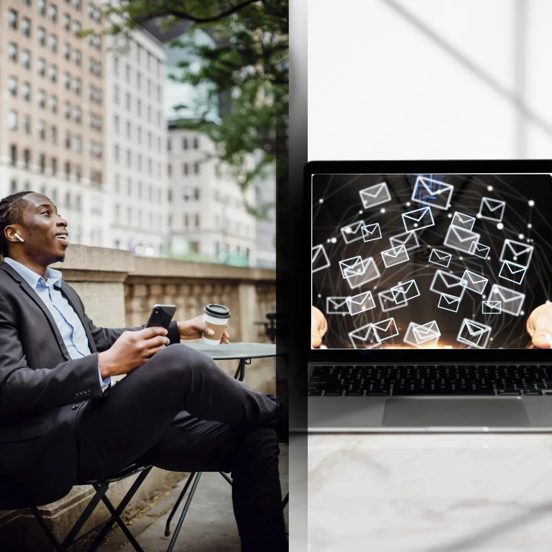 Split photo depicting happy business owner while computer does the work