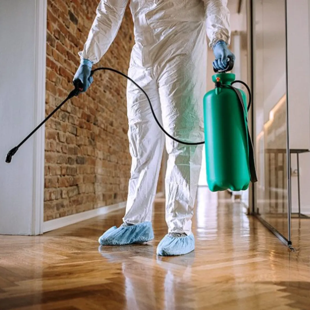 Worker spraying disinfectant during professional home sanitizing service