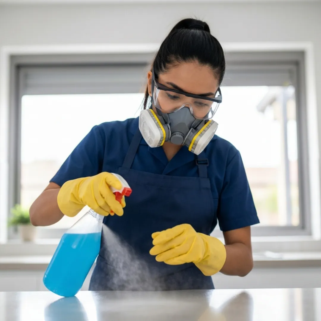 Worker spraying disinfectant during professional home sanitizing service
