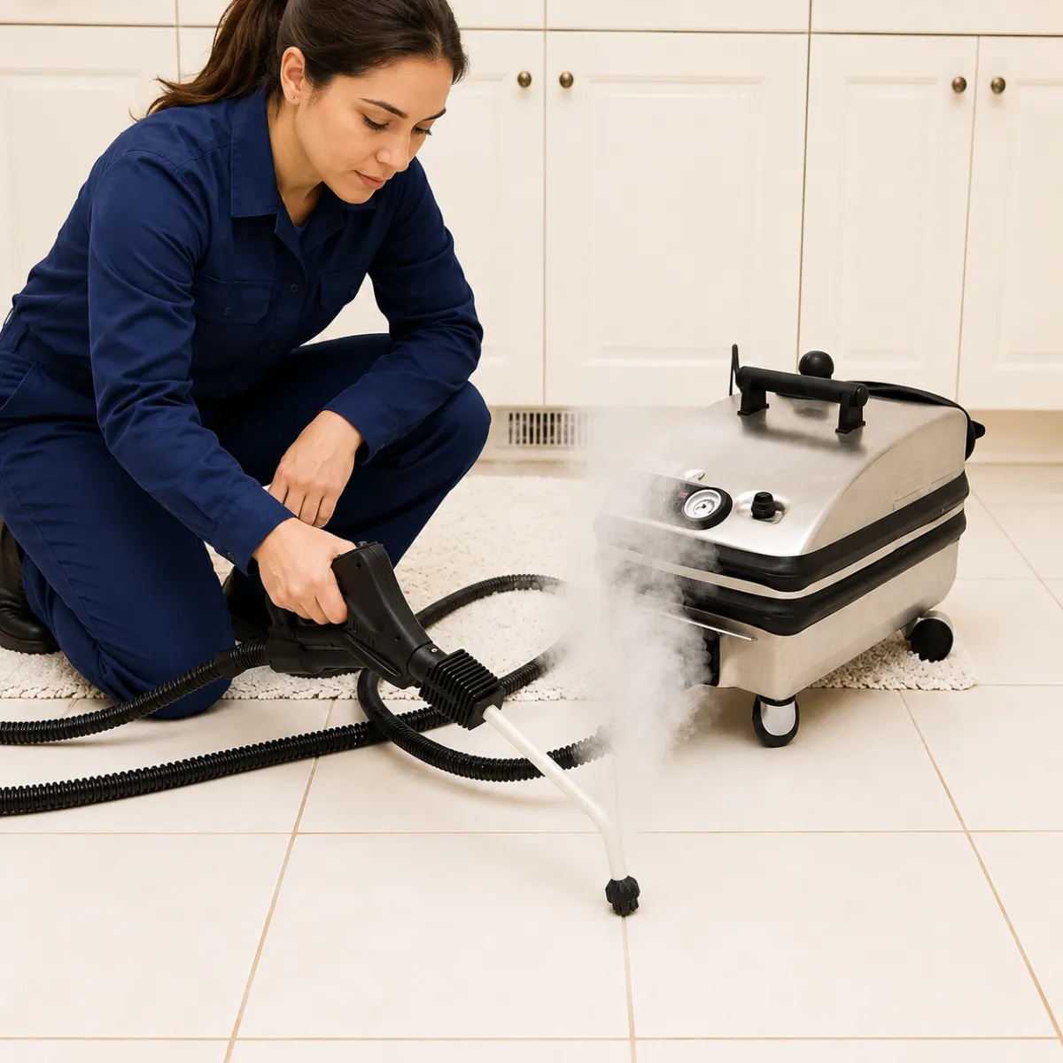 Worker spraying disinfectant during professional home sanitizing service