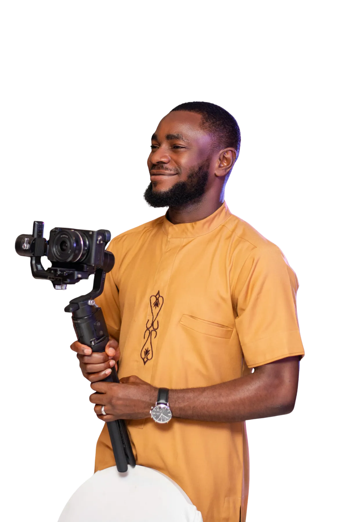 person wearing gold round analog watch