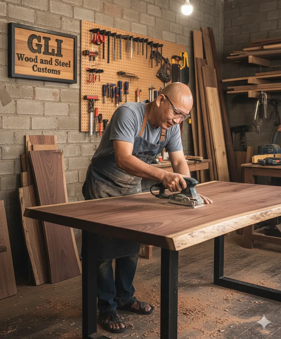 A master craftsman in a sunlit workshop, carefully shaping a steel table leg, surrounded by premium wood planks and precision tools, highlighting dedication and skill.