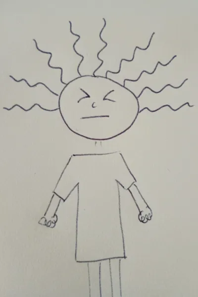 A hand drawn image of a person looking stressed, with their hair sticking up and eyes scrunched shut
