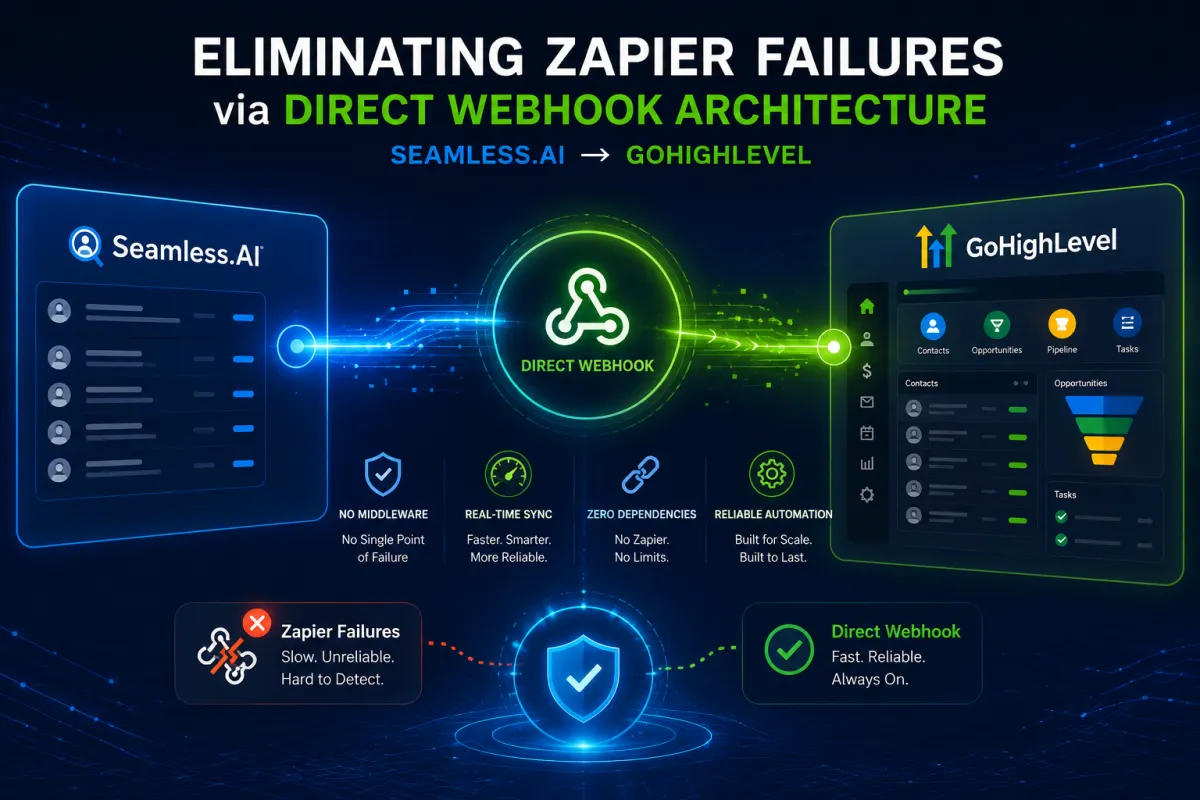 Case Study: Eliminating Zapier Failures via Direct Webhook Architecture (Seamless.AI → GoHighLevel)