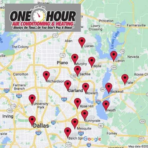 one hour air conditioning & heating hvac service map