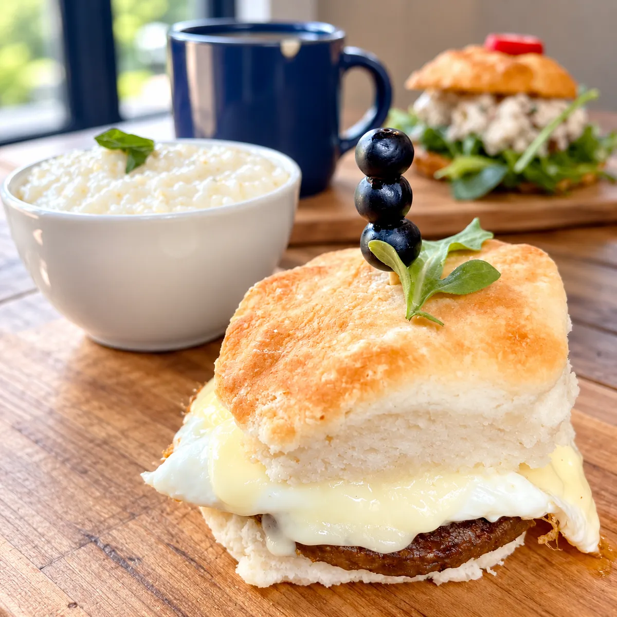Sausage, egg, and cheese biscuit sandwich with grits for brunch at Rushing Trading Co. in Sugar Hill, GA