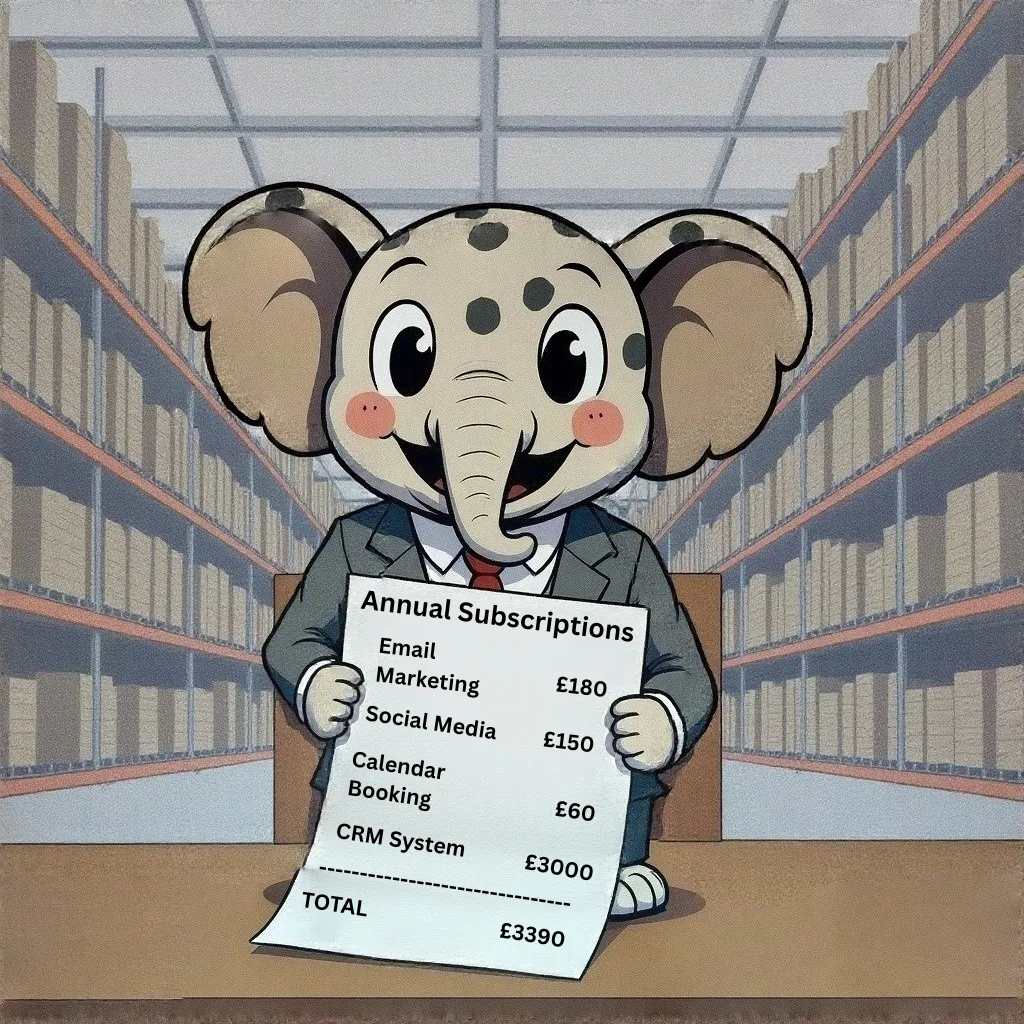 Spotty Elephant holding a receipt for multiple costly subscriptions