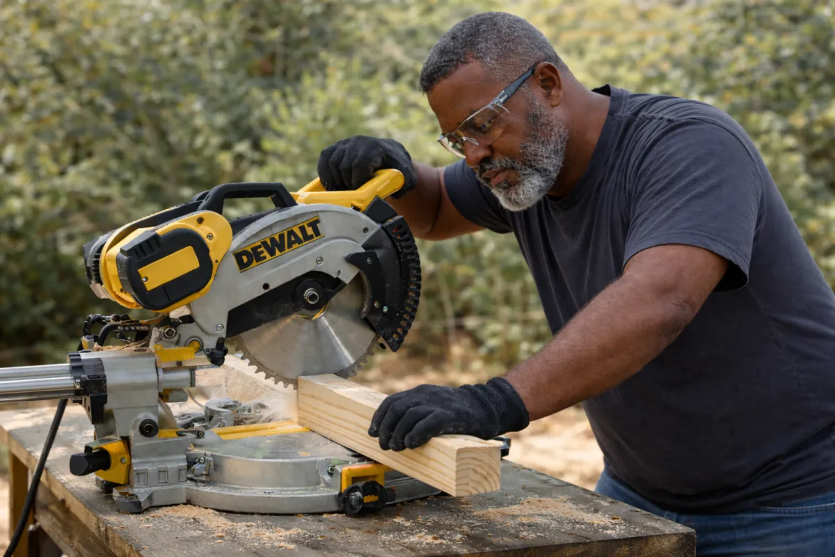 a man using a table saw to cut a piece of wood