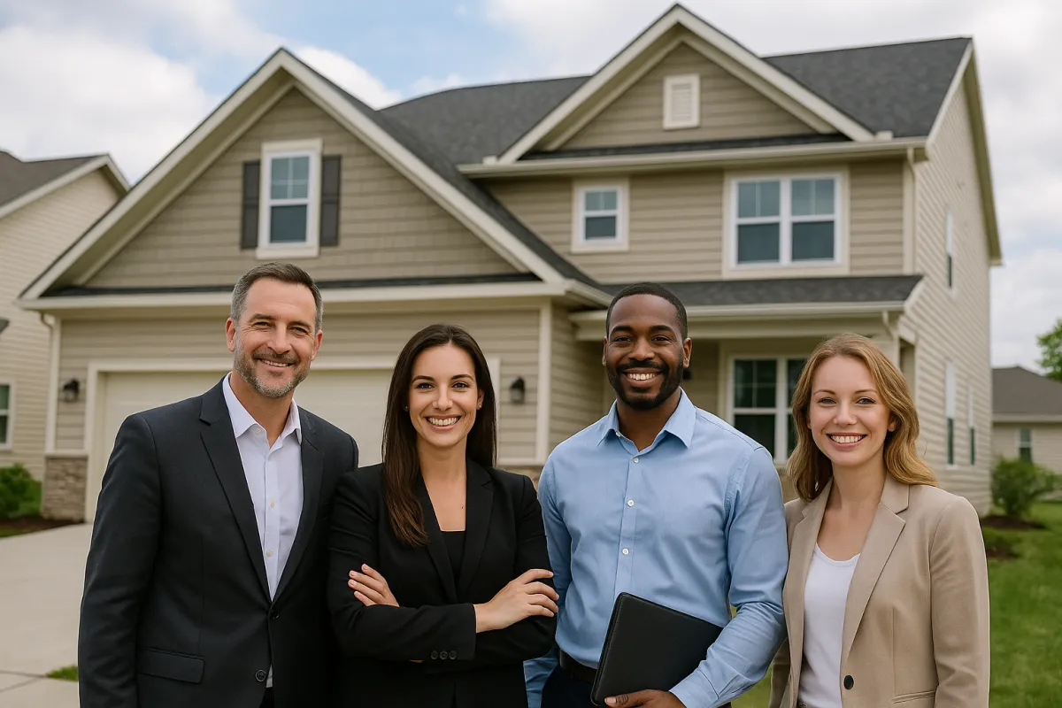 Group of confident real estate professionals smiling in front of a house.