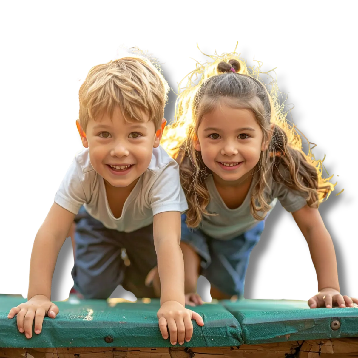 Two young girls smiling and playing outside, symbolizing nostalgic, screen-free play.