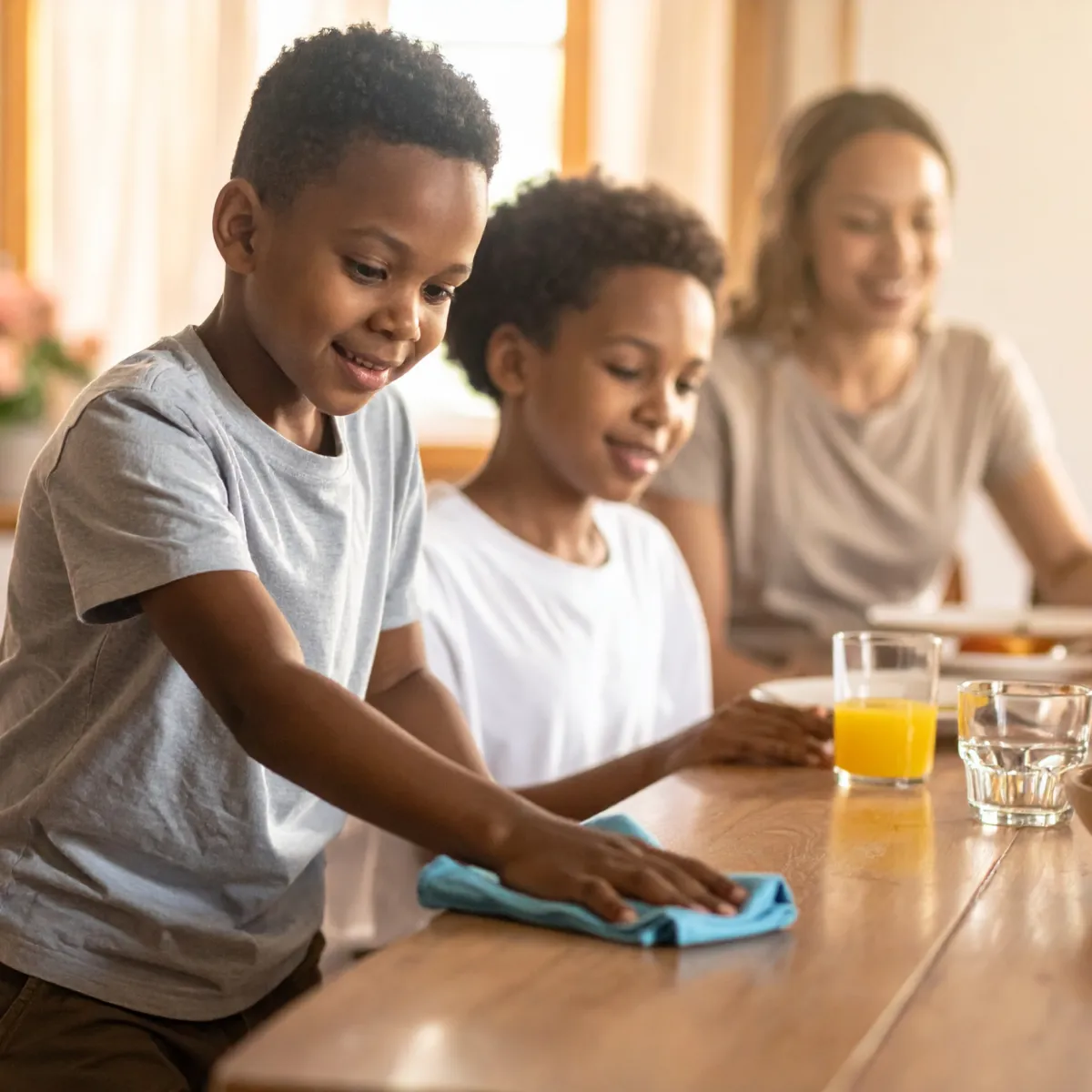 Two young boys smiling while cleaning a kitchen table, with a mother watching proudly in the background — illustrating calm routines and positive connection at home..