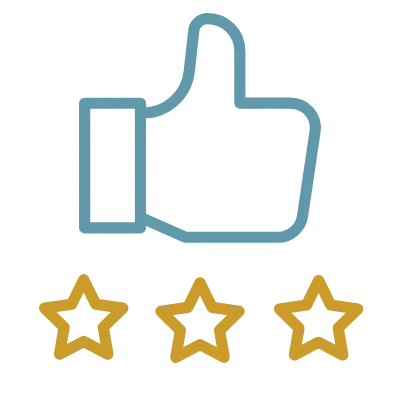 A thumb icon with 3 yellow stars underneath, representing a good service and trust