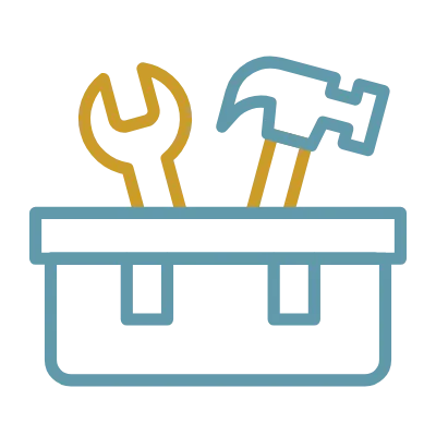 Icon of a toolkit, with a spanner and a hammer poking out