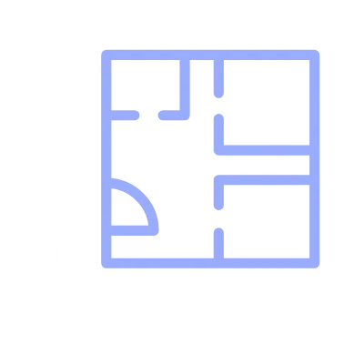 An icon of a floor plan blueprint with double pointed arrows depicting length and width