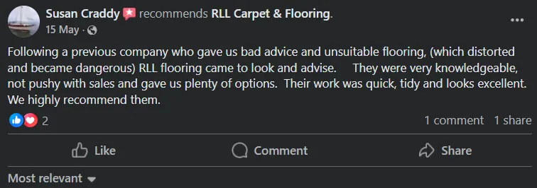 A screenshot of a testimonial from a happy client of RLL carpet and flooring