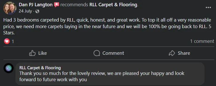 Another screenshot of a testimonial from a happy client of RLL carpet and flooring