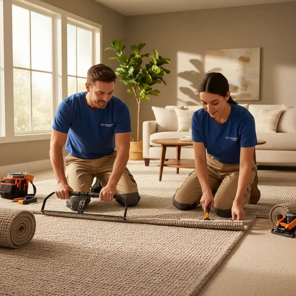 Man and women laying carpet in a home