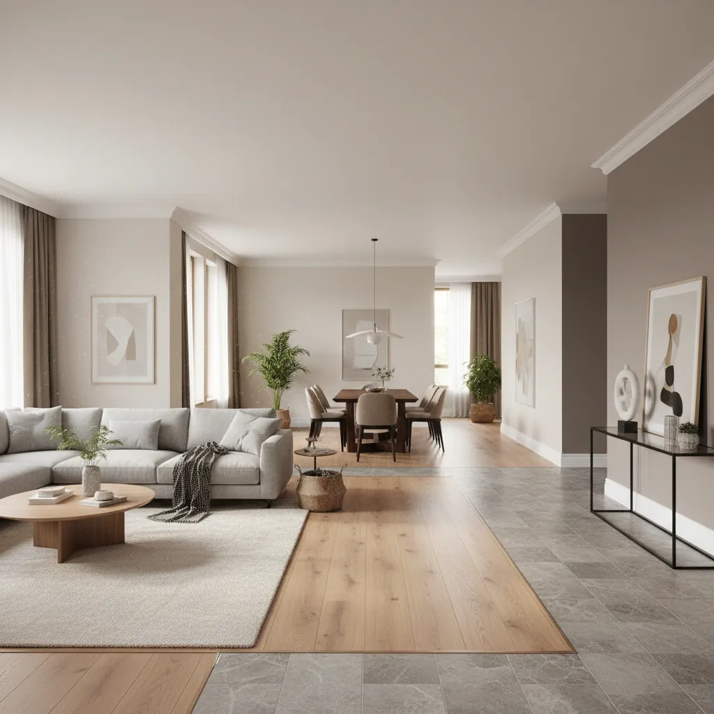 A luxurious living room showing two floor types