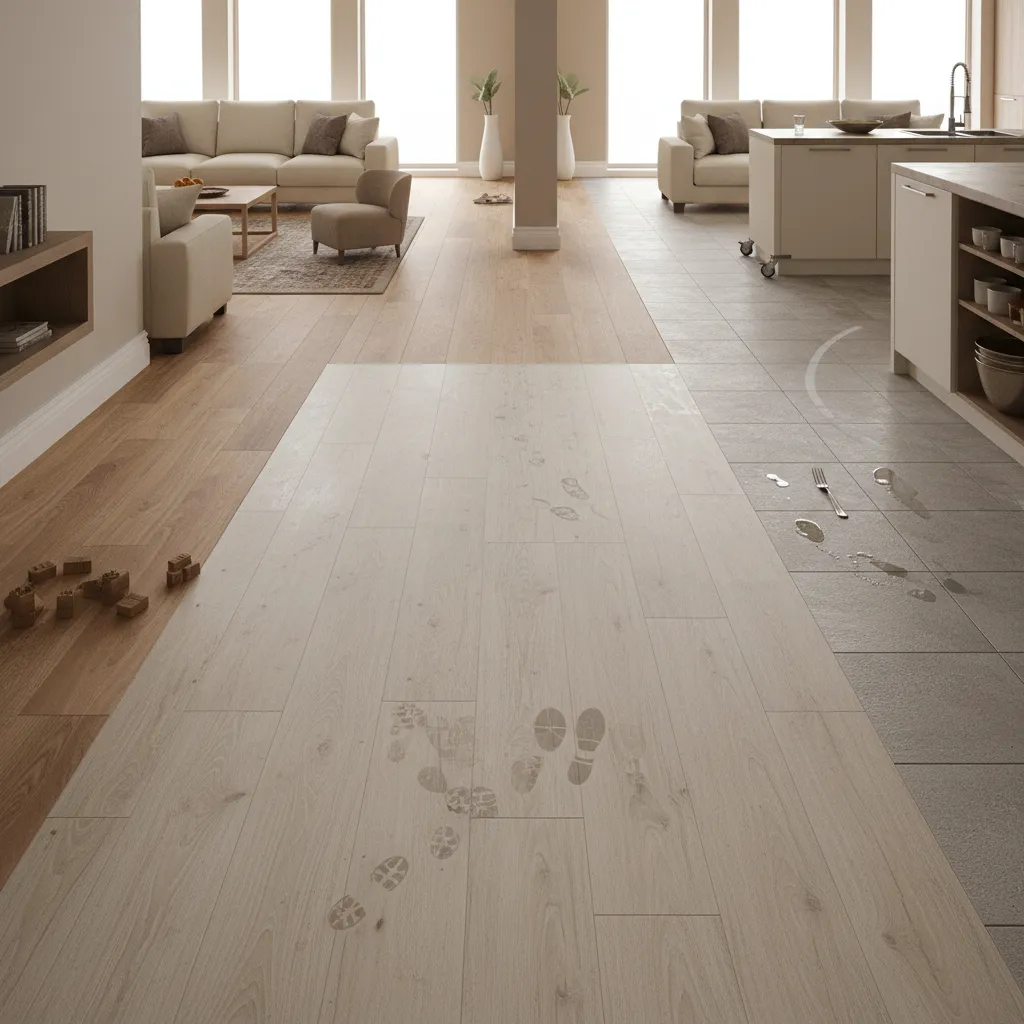 A living room showing three different types of flooring with footprints and spills on each