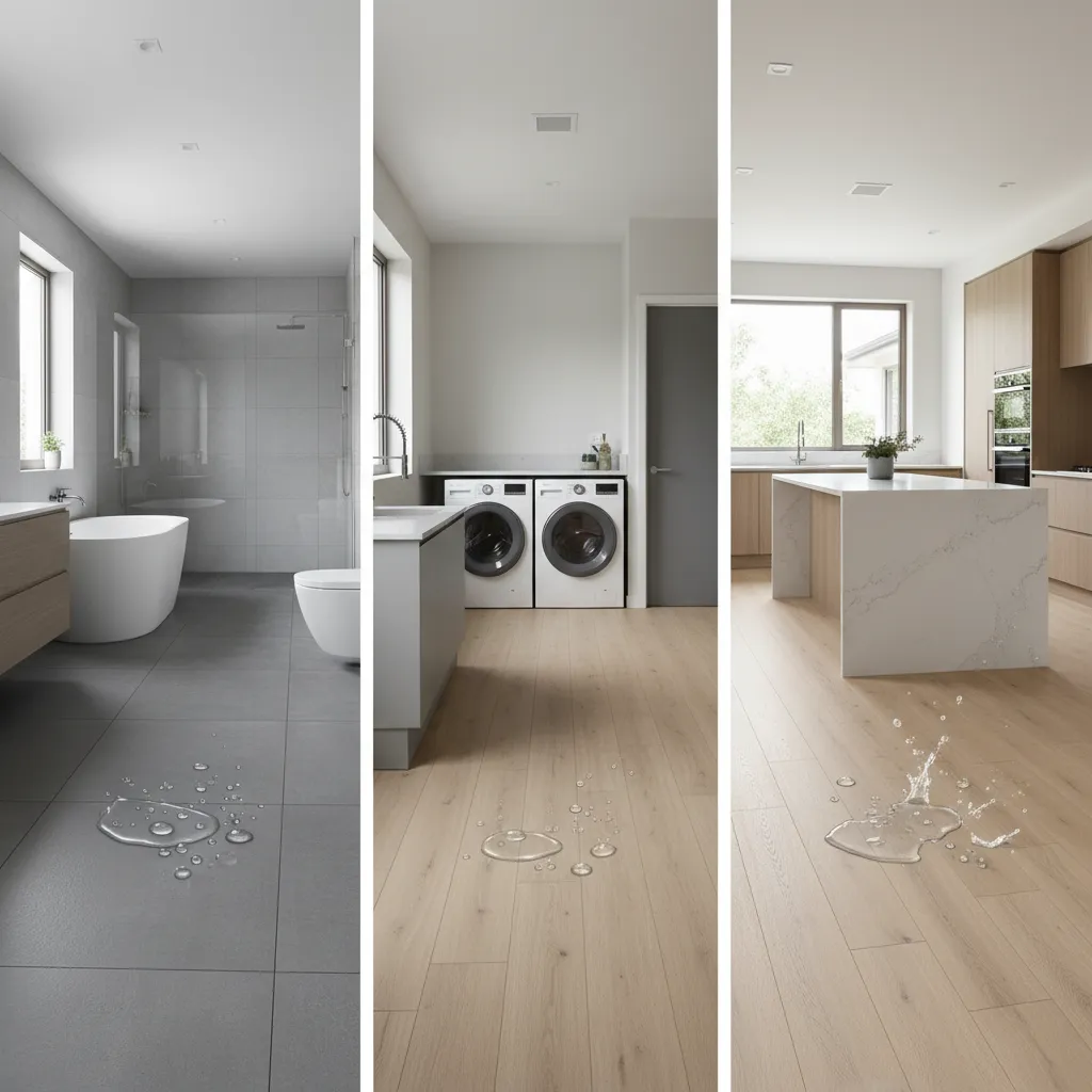 Three seperate columns, one showing a bathroom with a puddle of water on the floor, one showing a laundry room with a puddle of water and one showing a kitchen with a puddle of water