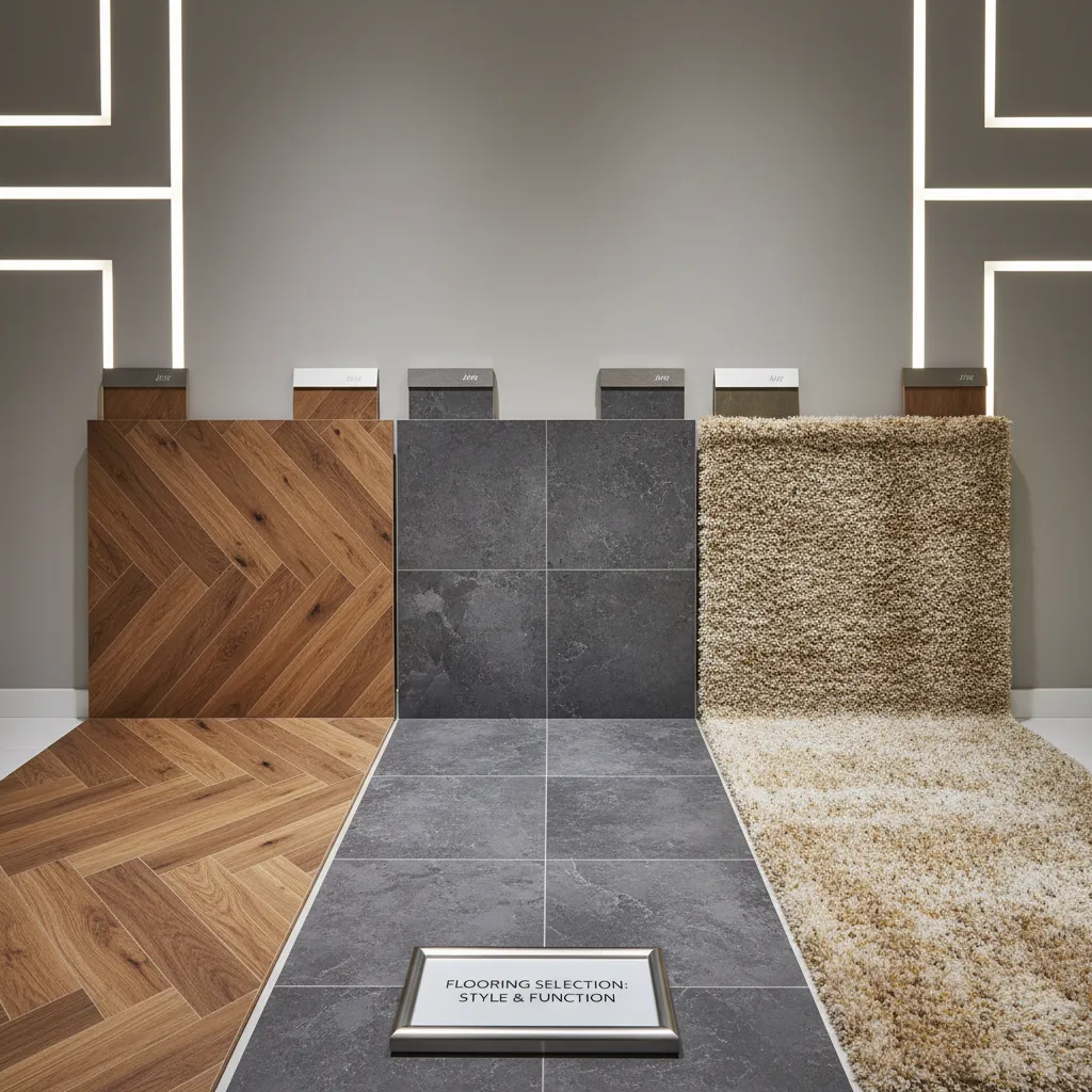 Flooring selection, showing three different types of flooring