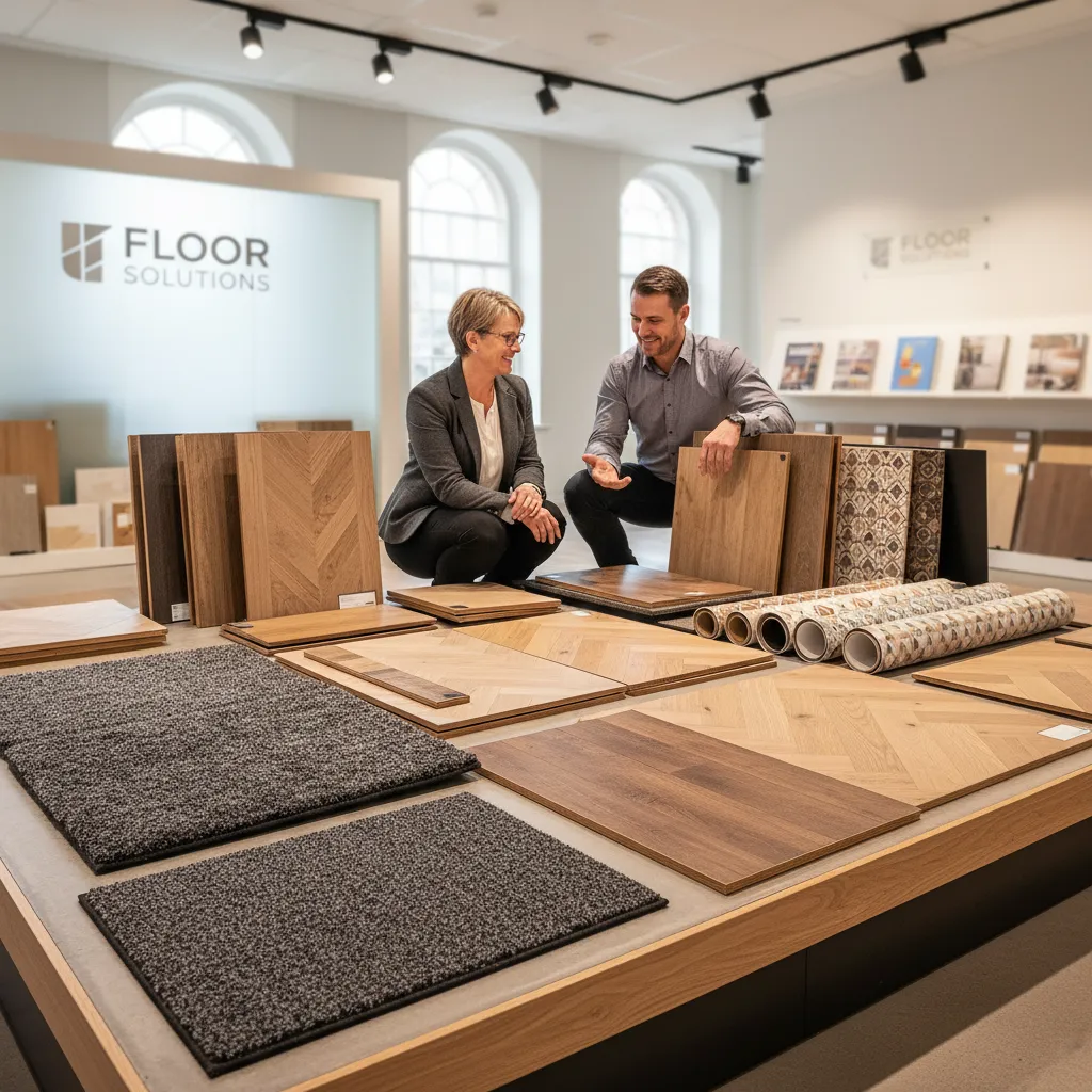 A man and a women in a flooring shop looking at different floor types