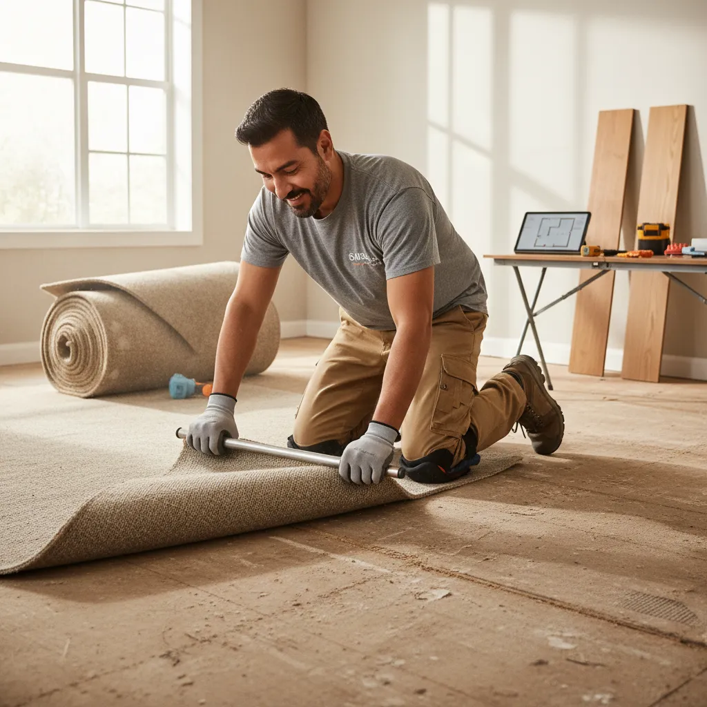 A man pulling up old carpet