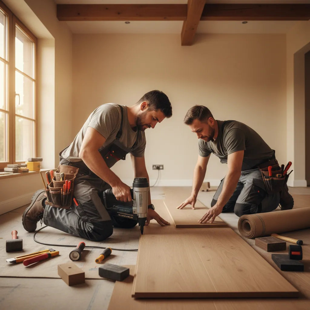Two carpet installers laying new floor