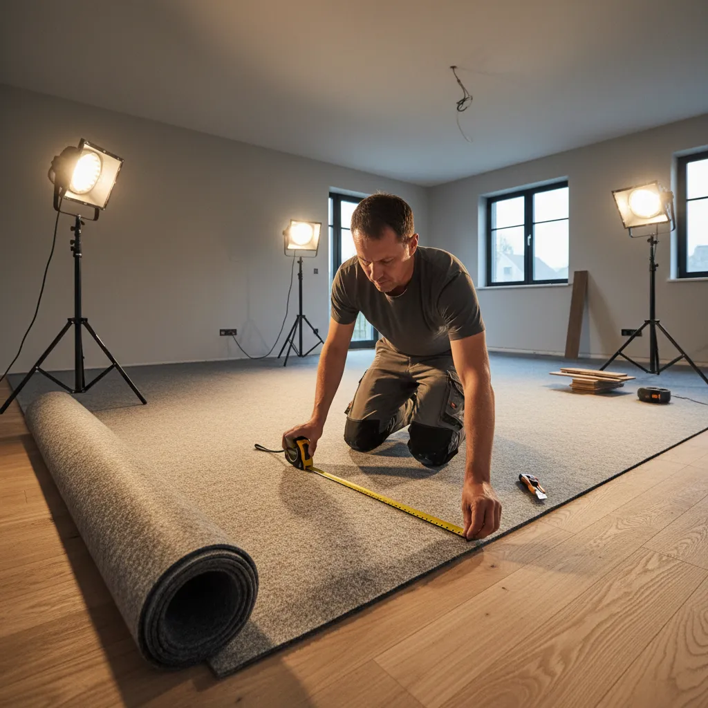 A man laying underlay and using a tape measure