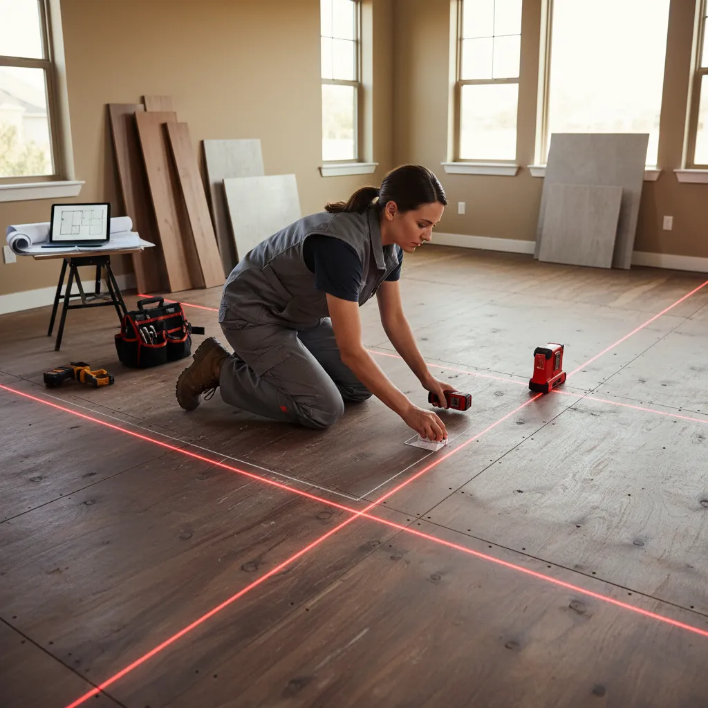 A women using laser-measures to measure a floor
