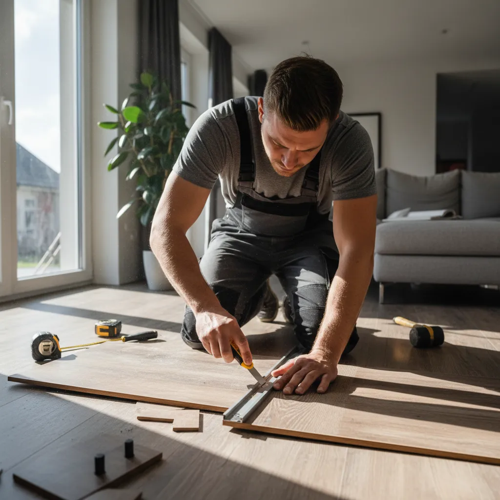 A man cutting flooring to size