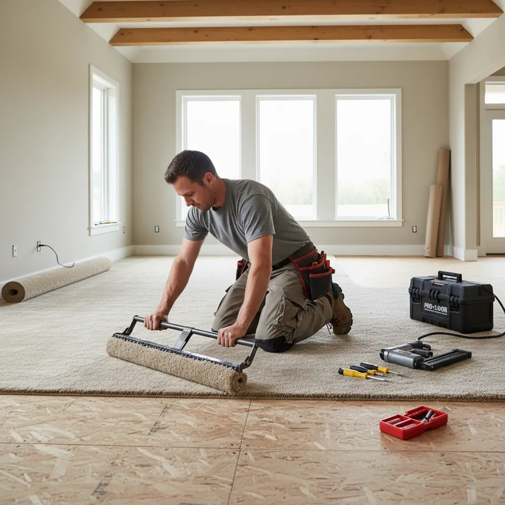 A man using a carpet roller to roll carpet