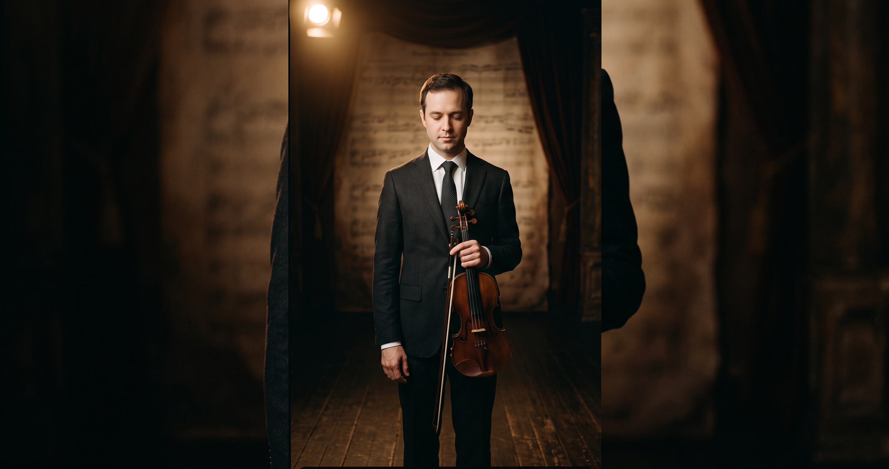 Violinista clásico de pie, solo en un escenario vacío, en una pausa serena con el violín bajado antes de actuar