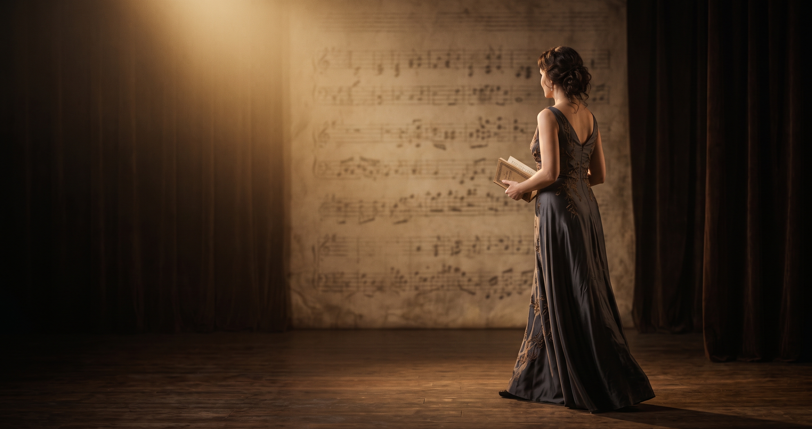 Soprano saliendo de un escenario vacío tras cantar un solo, con expresión serena y aliviada